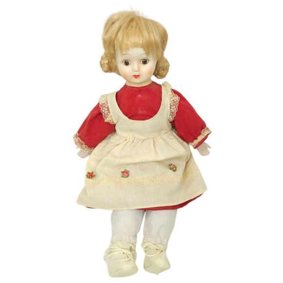 Porcelain Doll Blonde Macaron Bun Sweetheart Lips Brown Eyes 16" Red Cream Dress - Picture 1 of 14